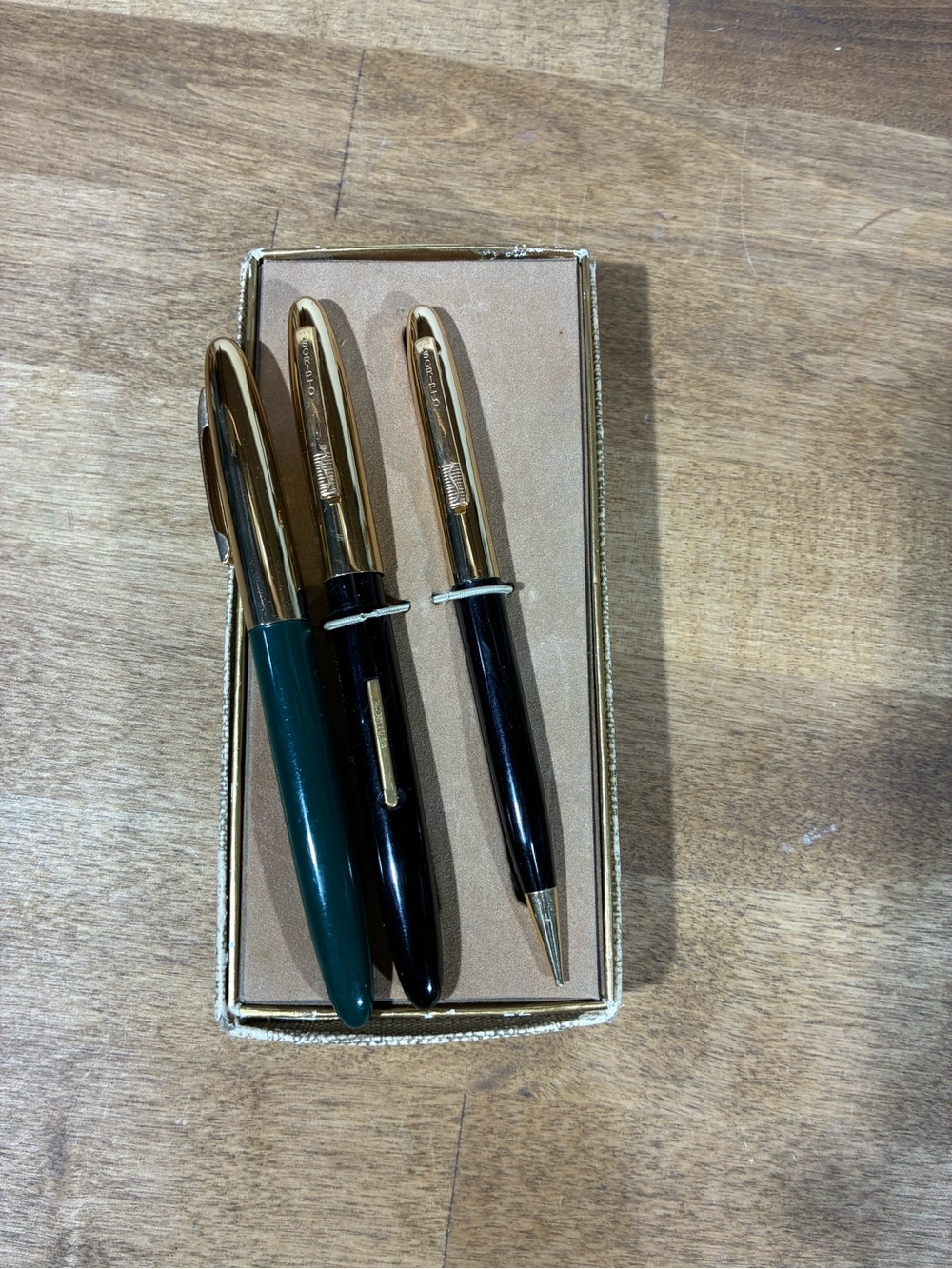 Vintage Scripto Fountain Pen Mechanical Pencil Set Black Green Original Box